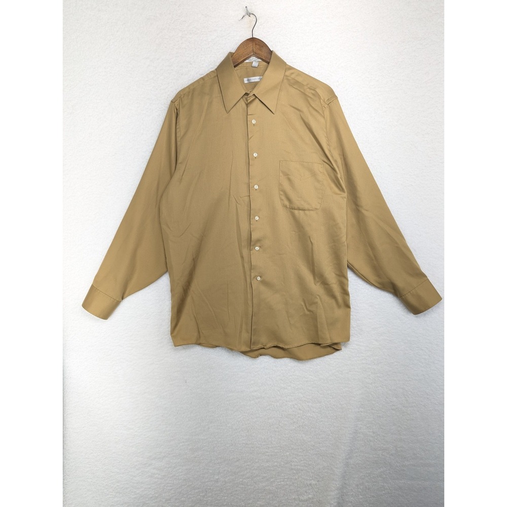 Van Heusen Mens Regular Fit Lux Sateen Stretch Beige Dress Shirt 16.5 34/35